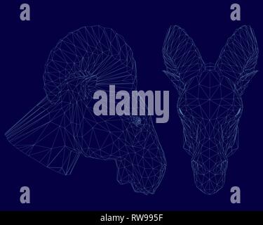 Zwei Ram Head Drahtmodell. Vorder- und Seitenansicht. Polygonale ram Leiter der blauen Linien auf einem dunklen Hintergrund. 3D. Vector Illustration Stock Vektor