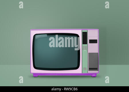 Retro pastell Pink TV auf grünem Hintergrund. Vintage und Minimalismus Stil. Stockfoto