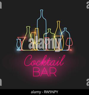 Vektor frischen Cocktail Bar Leuchtreklame mit bunten Gläsern und Flaschen Symbole durch die dünne Linie gemacht Stock Vektor