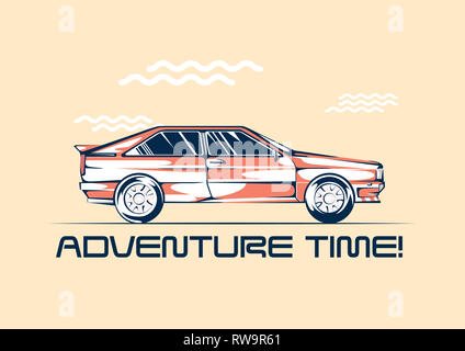 Retro coupe Auto von 1980 bereit für eine Reise. Sommer Spaß Reise Konzept. Vector Illustration Stockfoto