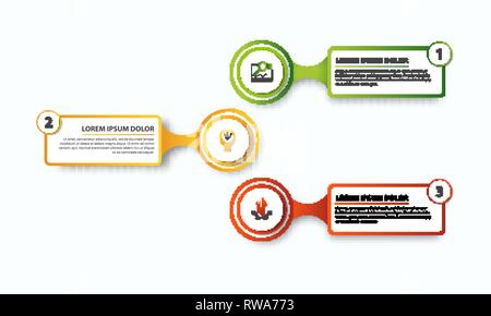 Moderne Vector Illustration. Infografik Vorlage mit drei Elemente Rechteck, Kreis und Text. Schritt für Schritt. Für Unternehmen entwickelt, Präsentationen Stock Vektor