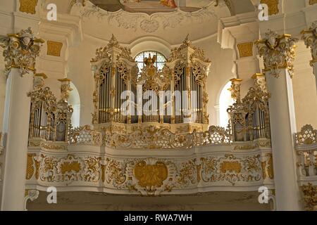 Orgelempore, Orgel Broschüre, Wieskirche in der Nähe von Lechbruck am See, Allgäu, Bayern, Deutschland Stockfoto