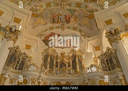 Orgelempore, Orgel Broschüre, Wieskirche in der Nähe von Lechbruck am See, Allgäu, Bayern, Deutschland Stockfoto