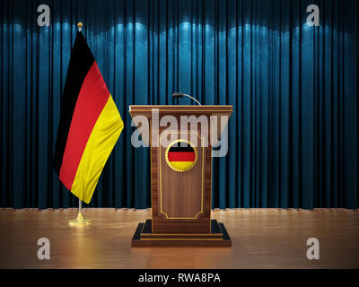 Pressekonferenz mit Flaggen von Deutschland und Rednerpult gegen die blauen Vorhang. 3D-Darstellung. Stockfoto