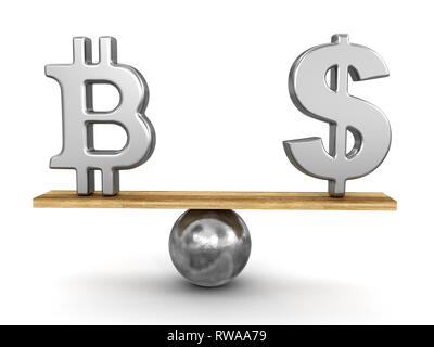 Bitcoin und Dollarzeichen auf der Plank ausgeglichen. Bild mit Freistellungspfad Stockfoto