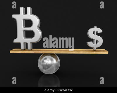 Bitcoin und Dollarzeichen auf der Plank ausgeglichen. Bild mit Freistellungspfad Stockfoto