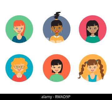 Lächelnde Menschen portraits Mädchen, Gesichter und Schultern Avatare set isoliert Vector Illustration. Cartoon flachbild Symbole. Zeichen für Web Stock Vektor