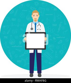 Cute cartoon Charakter, Professionelle männlichen Arzt Holding leeres Plakat. Vector Illustration auf weißem Hintergrund. Stock Vektor