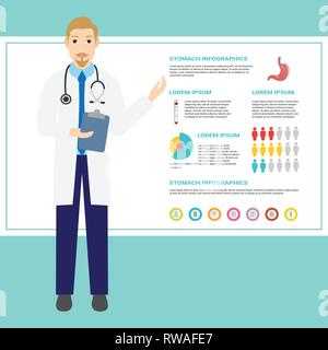 Vector Illustration Character Design Arzt erklären über Magen Krankheiten, Gesundheit. Stock Vektor