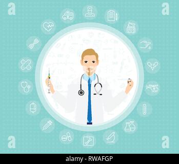 Moderne Arzt im weißen Kittel und Stethoskop die Beratung über die Impfung. Cartoon Vector Illustration Stock Vektor