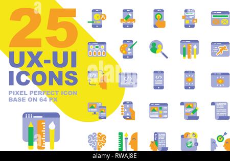 UX UI Flachbild Symbole auf 64px gesetzt, pixelgenaue Ausrichtung Prozeß Symbol. Stock Vektor