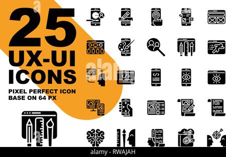 UX UI solide und glyphe Symbole auf 64 px, pixelgenaue Ausrichtung Prozeß Icon Set. Stock Vektor
