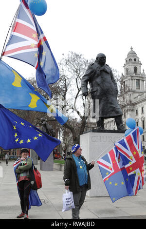 Brexit bleiben und Aktivisten lassen außerhalb des Parlaments während einer Debatte und Abstimmung über die Brexit beschäftigen. 30.01.2019. London. Stockfoto