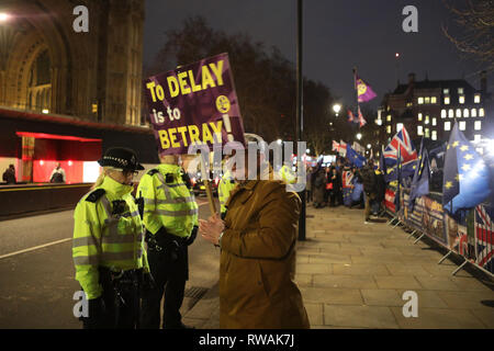 Brexit bleiben und Aktivisten lassen außerhalb des Parlaments während einer Debatte und Abstimmung über die Brexit beschäftigen. 30.01.2019. London. Stockfoto