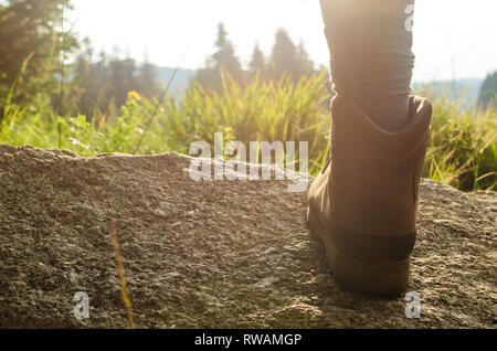 Fuß in Wandern Schuh auf einen Stein und Landschaft vor der Stockfoto