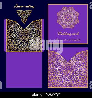 Hochzeit Einladung oder Grußkarte mit klassischen Ornament. Bild für Laserschneiden oder Druck geeignet. Gold Muster auf blauem Hintergrund. Vektor Stock Vektor
