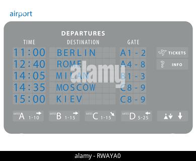 Vektor Flughafen board isoliert. Mechanische flip Flughafen Anzeigetafel. Flughafen und Bahnhof Fahrplan Abfahrt oder Ankunft Stock Vektor