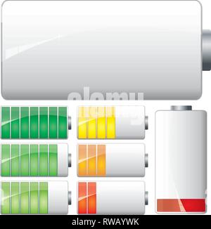 Satz von Weißen Batterien aufladen, die Stufen der Macht fast leer und voll, Vektor Stock Vektor