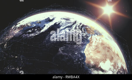 Realistische Sonnenaufgang über dem Planeten Erde mit digitalen Daten grid Mesh um Stockfoto