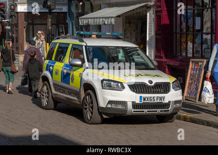 Salisbury, Wiltshire, England, UK. März 2019. Ein 4x4 Fahrzeug auf der Beifahrerseite in der Innenstadt geparkt. Stockfoto