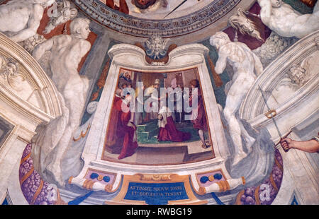 Episoden aus dem Leben von Cosimo I. de' Medici Fresko von Bernardino Poccetti Ospedale degli Innocenti - Außen Arcade, Florenz, Italien Stockfoto