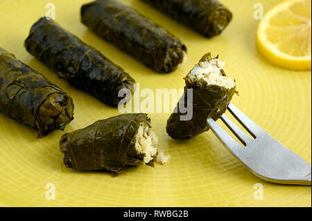 Lecker gefüllte Weinblätter (der traditionellen dolma der mediterranen Küche) auf gelbem Teller mit zitronenscheibe Stockfoto
