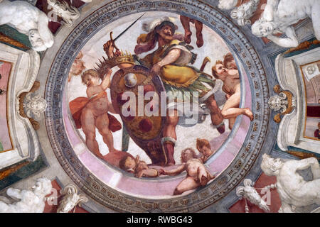 Mars der Medici Wappen zwischen putti Fresko von Bernardino Poccetti Ospedale degli Innocenti - Außen Arcade, Florenz, Italien Stockfoto