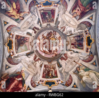 Mars der Medici Wappen zwischen putti Fresko von Bernardino Poccetti Ospedale degli Innocenti - Außen Arcade, Florenz, Italien Stockfoto