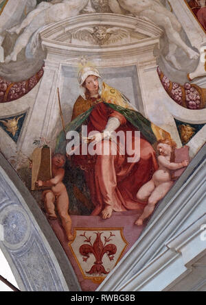 Tugend Ecclesia, Fresko von Bernardino Poccetti Ospedale degli Innocenti - Außen Arcade, Florenz, Italien Stockfoto