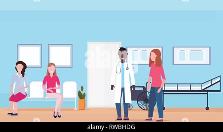 Mix rennen Patienten mit Arzt am Krankenhaus Wartezimmer healthcare Beratung Konzept medizinische Klinik Interieur voller Länge horizontale flach Stock Vektor