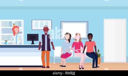 Mix rennen Patienten mit Arzt am Krankenhaus Rezeption Wartehalle medizinische Klinik Interieur voller Länge horizontale flach Stock Vektor