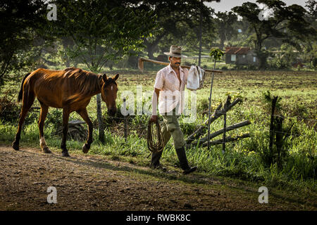 Artemisa, Kuba. 29. Mai 2009. Ein Bauer geht mit seinem Pferd und hält eine Hacke in Artemisa, Kuba. Stockfoto