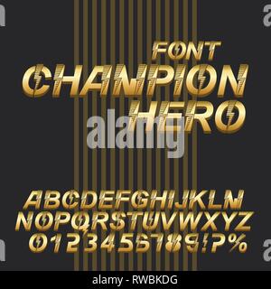 Meister Super Hero schrift Alphabet. 3D Gold Metallic Buchstaben und Zahlen. Stock Vektor
