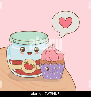 Cupcake mit Jam pot kawaii Zeichen Stock Vektor