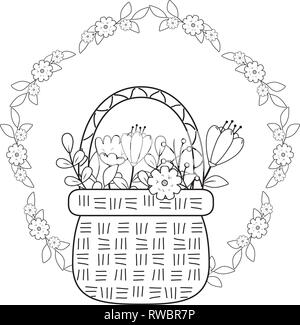 Süße korb Stroh mit Blumen Garten und Krone Stock Vektor