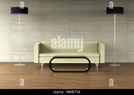 3D-Rendering von einer leeren Wand auf ein modernes Apartment mit modernen Möbeln (selbst gestaltet) Stockfoto