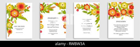 Einladung Hochzeit Blumen Karten eingestellt. Papier Blumen für Einrichtung, realistische Wirkung. Helle urlaub Design. Stock Vektor