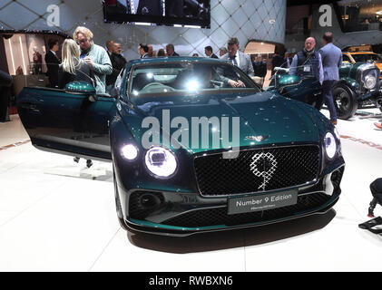 Genf, Schweiz. 05 Mär, 2019. Der Bentley Continental GT 9 Edition ist auf dem Genfer Automobilsalon am ersten Pressetag vorgestellt. Die limited edition Modell wird anlässlich des 100. Jahrestages der Unternehmen angeboten werden. Die 89. Automobilsalon in Genf beginnt am 7. März und dauert bis 17. März. Credit: Uli Deck / dpa/Alamy leben Nachrichten Stockfoto