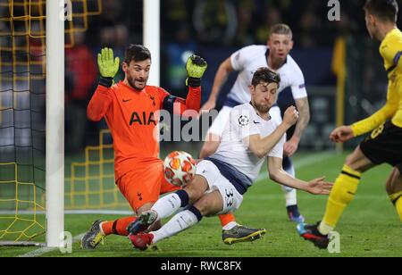 Dortmund, Deutschland. 05 Mär, 2019. firo: 05.03.2019, Fußball, 2018/2019, CL, CHL, Champions League, Achtelfinale, Ruckspiel BVB Borussia Dortmund - Tottenham Hotspur 0:1 Single Action, Hugo Lloris, Parade, mit Ben Davies rechts Julian Weigl | Verwendung der weltweiten Kredit: dpa/Alamy leben Nachrichten Stockfoto