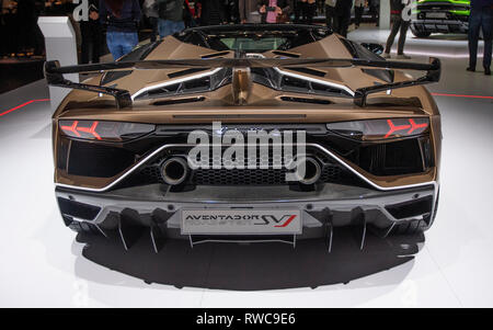 Genf, Schweiz. 6. März, 2019. Die neuen Lamborghini Aventador (Rückansicht) an der Presse Tage der 89. internationalen Automobilsalon in Genf präsentiert. Quelle: Eric Dubost/Alamy leben Nachrichten Stockfoto