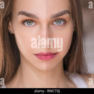 Beauty concept - retuschieren Vor und Nach. Schöne Frau mit blauen Augen. Stockfoto