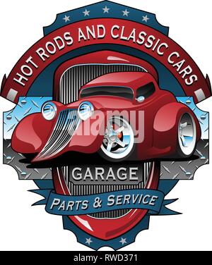 Hot Rods und Oldtimer Garage Vintage Zeichen Vector Illustration Stock Vektor