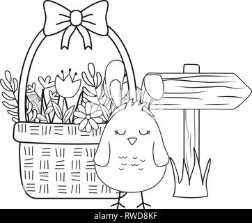 Kleine Küken mit Ohren Kaninchen in Floral Warenkorb Ostern Charakter Stock Vektor