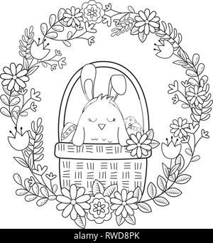 Kleine Küken mit Ohren Kaninchen in Floral Warenkorb Ostern Charakter Stock Vektor