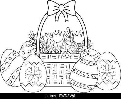 Süße korb Stroh mit Blumen und Eier bemalt Stock Vektor