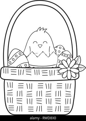 Kleine Küken mit Ei im Korb blumen Ostern Charakter gebrochen Stock Vektor