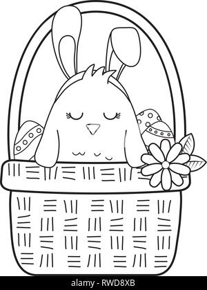 Kleine Küken mit Ohren Kaninchen in Floral Warenkorb Ostern Charakter Stock Vektor