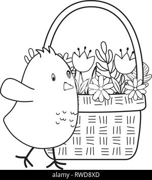 Kleine Küken mit Blumen im Korb Ostern Charakter Stock Vektor