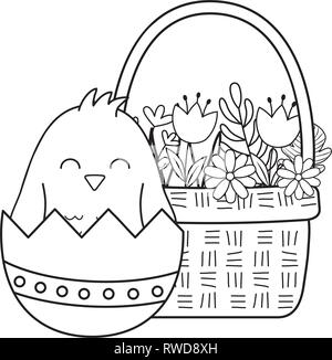 Kleine Küken mit Ei im Korb blumen Ostern Charakter gebrochen Stock Vektor