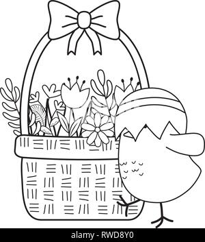 Kleine Küken mit Ei im Korb blumen Ostern Charakter gebrochen Stock Vektor